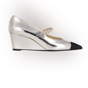 CHANEL Silver Wedge Mary Jane with Black Cap Toe